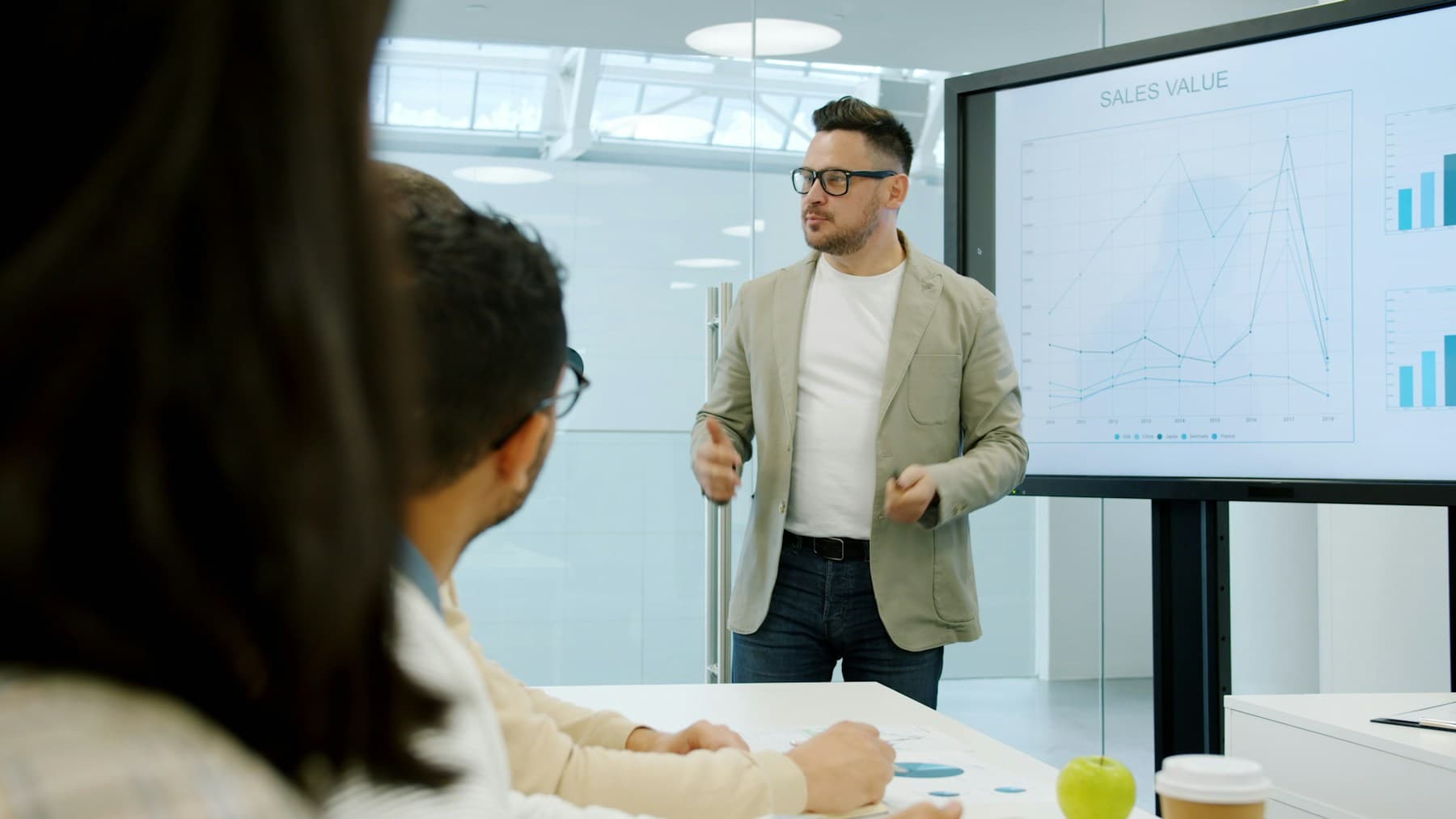 A team reviewing a data presentation together